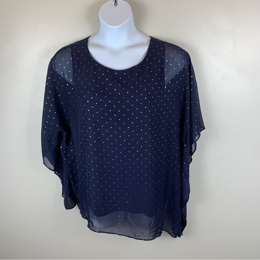 Chicos Flowy‎ Top Womens 3/XL Navy Chiffon  Metallic Polka Dot Asymmetric